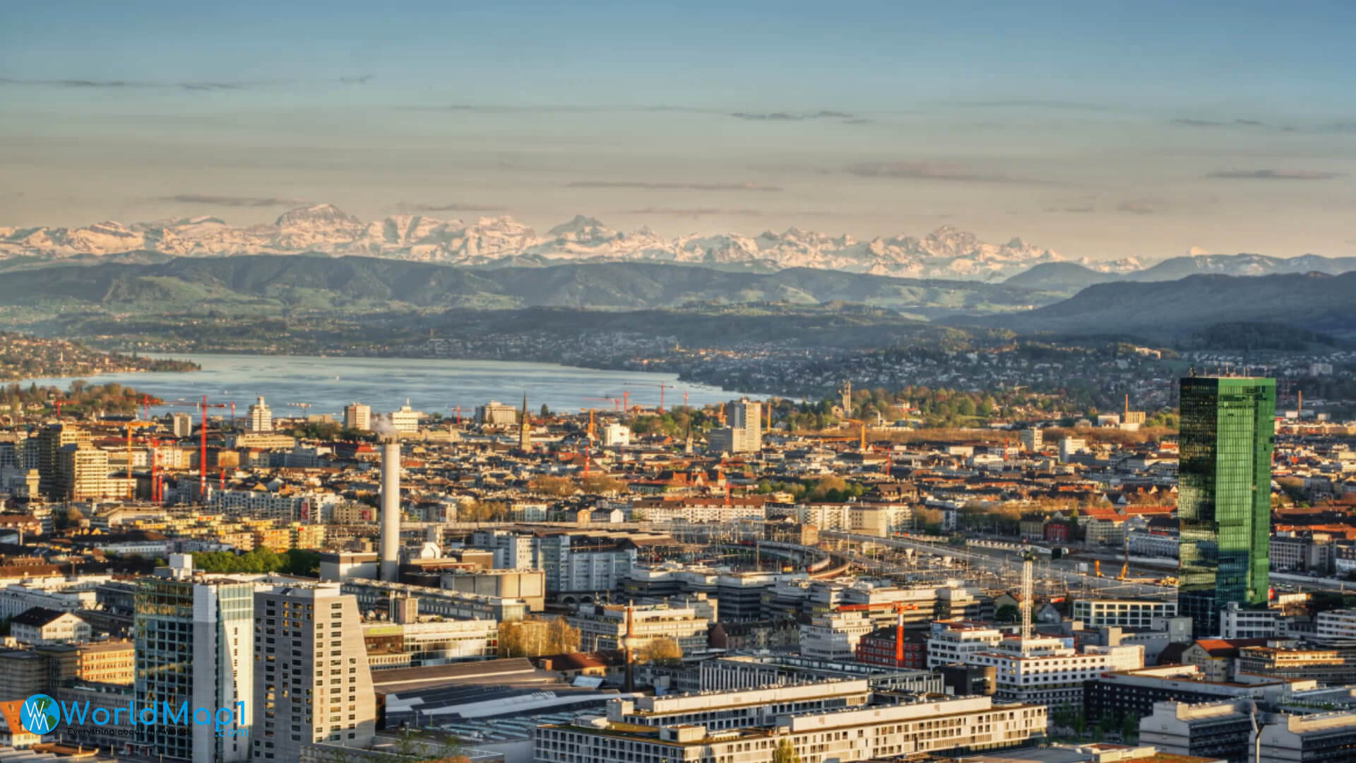 Downtown of Zurich and Alps Mountain Regions
